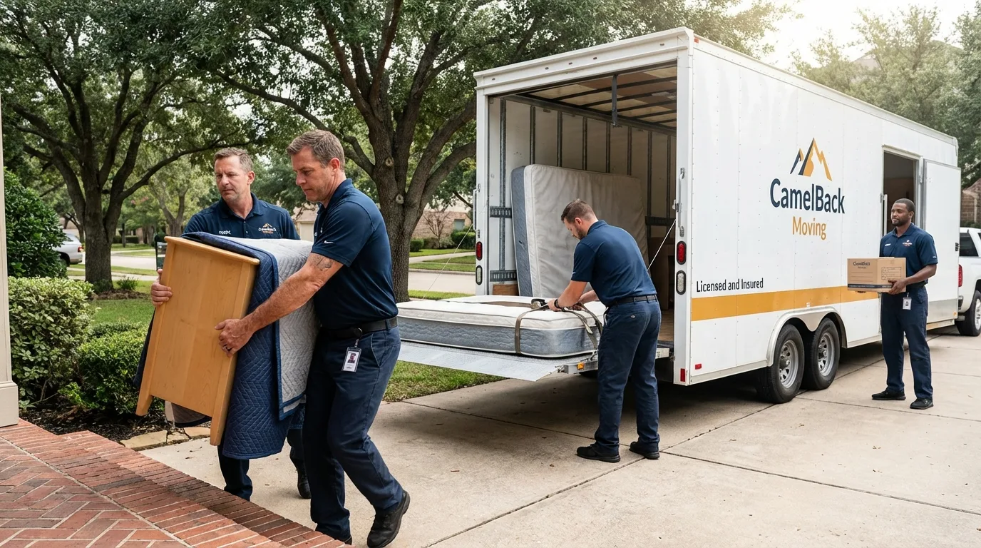 Crew loading residential truck for cross-state move from Thorntown, IN