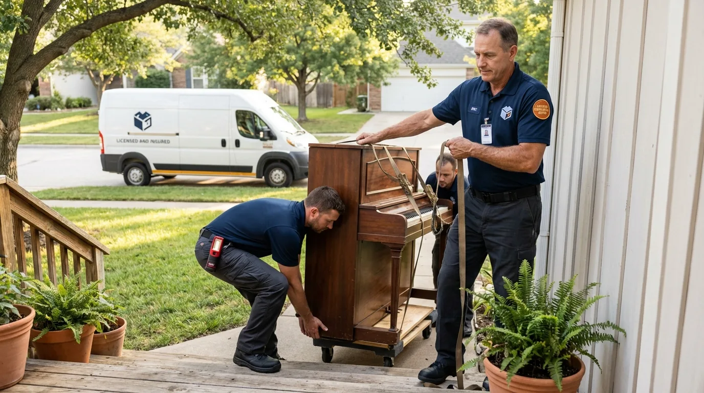 Licensed piano movers securing grand piano in Thorntown, IN