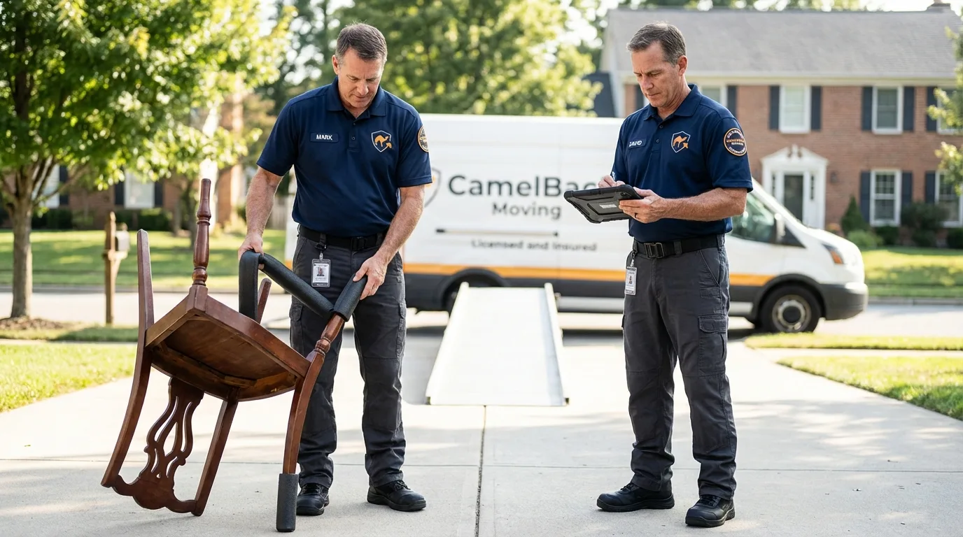 Movers inspecting furniture for damage prevention before loading in Thorntown, IN