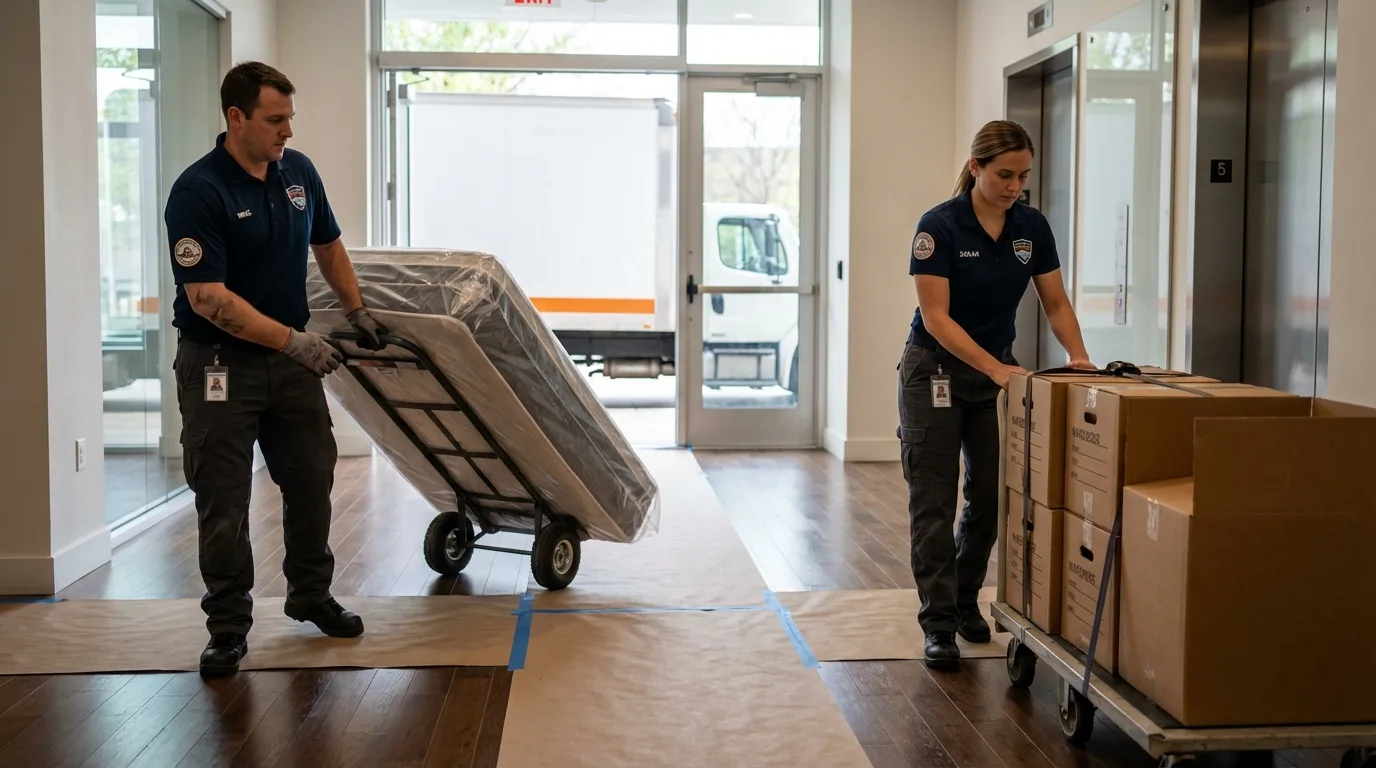 Professional apartment movers loading elevator in Thorntown, IN